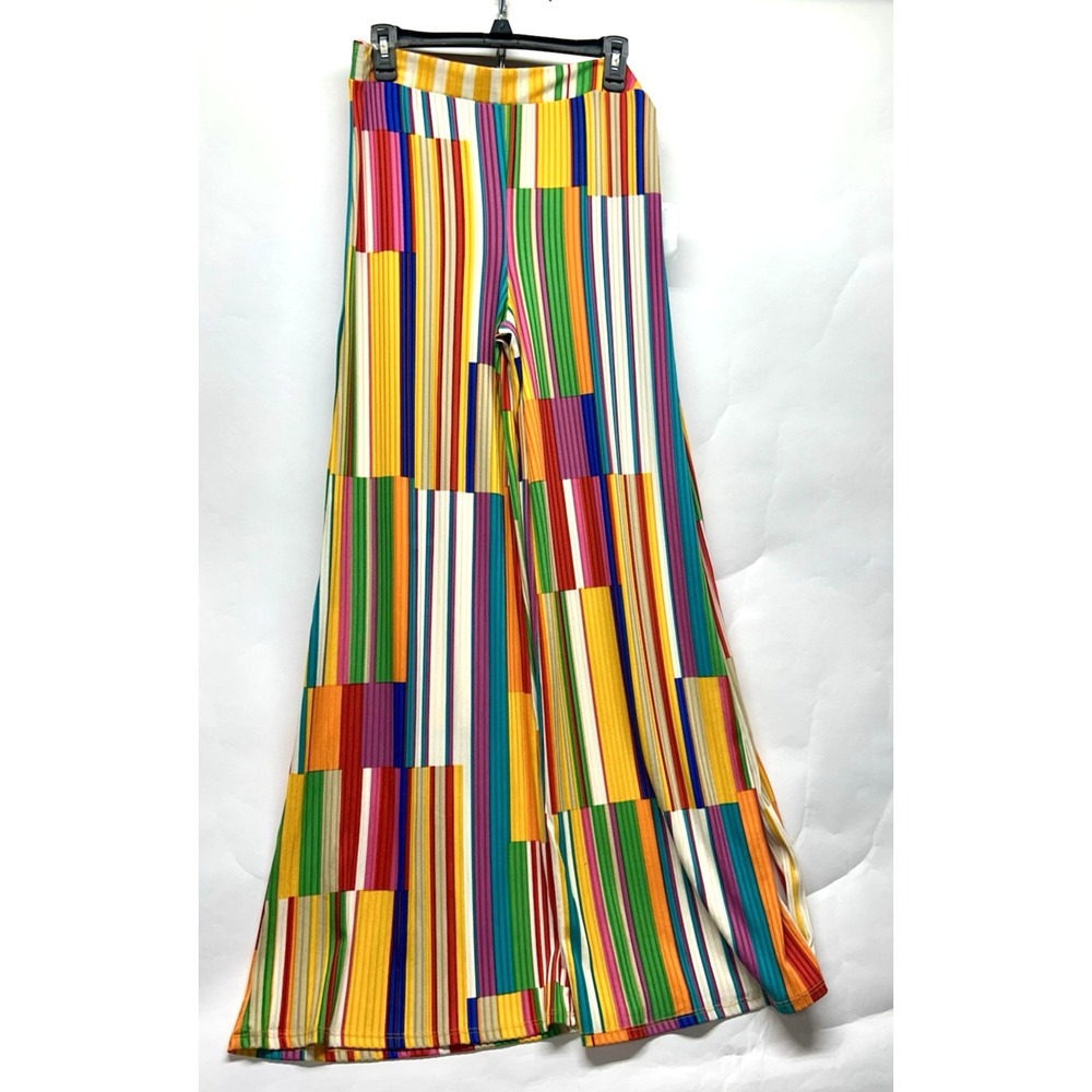 Monaco Women's Multicolor Striped Wide Leg Polyester Blend Pants Size Large(H3)